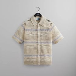 Kith Thompson Crochet Knit Button-Up Shirt Beige/Blue SS23 Size Medium