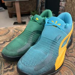 Puma Rise Nitro Dominayton PE Mens US 11 Blue Green Black Yellow Knit Basketball