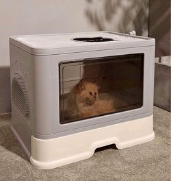 Foldable Enclosed Cat Litter Box Dual Top Front Entry Splashproof design, includes litter scoop, sim