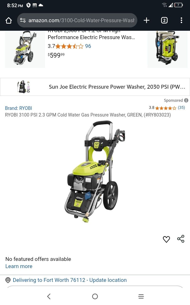 Ryobi 3100 PSI Pressure Washer With Honda Gas Engine