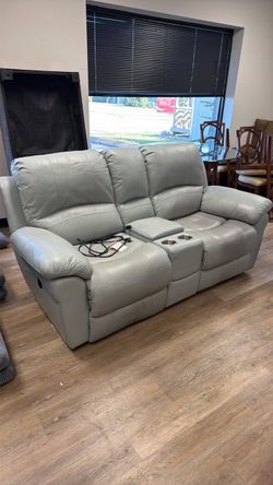 Gray Leather Reclining Loveseat with Console