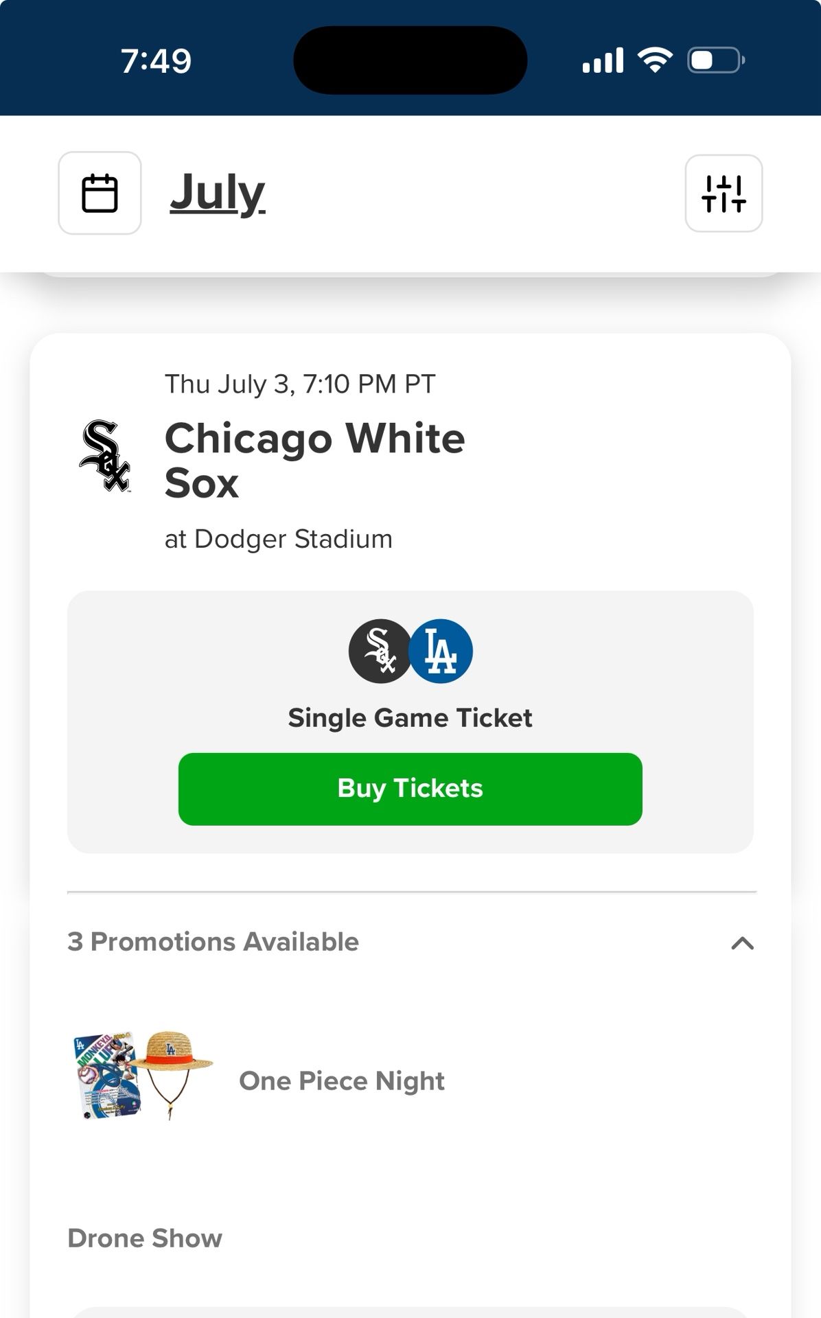Dodger Tickets 7/3 One piece Night $220 Each
