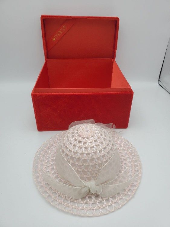 Vintage Pink Straw Doll Hat with Sheer Ribbon and Macy's Box