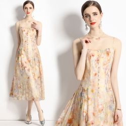 Runway Fashion Eye-Catching Luxury Silk Pleated A-Line Midi Women Cocktail, Party, Wedding Guest Dress