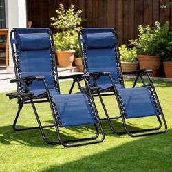 New Zero Gravity Set of 2 Blue Foldable Outdoor Patio Chairs with Removable Cup Holders