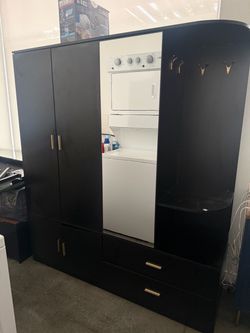 Black Wardrobe Armoire with Mirror and Drawers