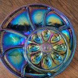 Blue Iridescent Carnival Glass Deviled Egg Dish Relish Platter by Indiana Glass Co.