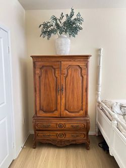 French Provincial Wood Armoire with Drawers