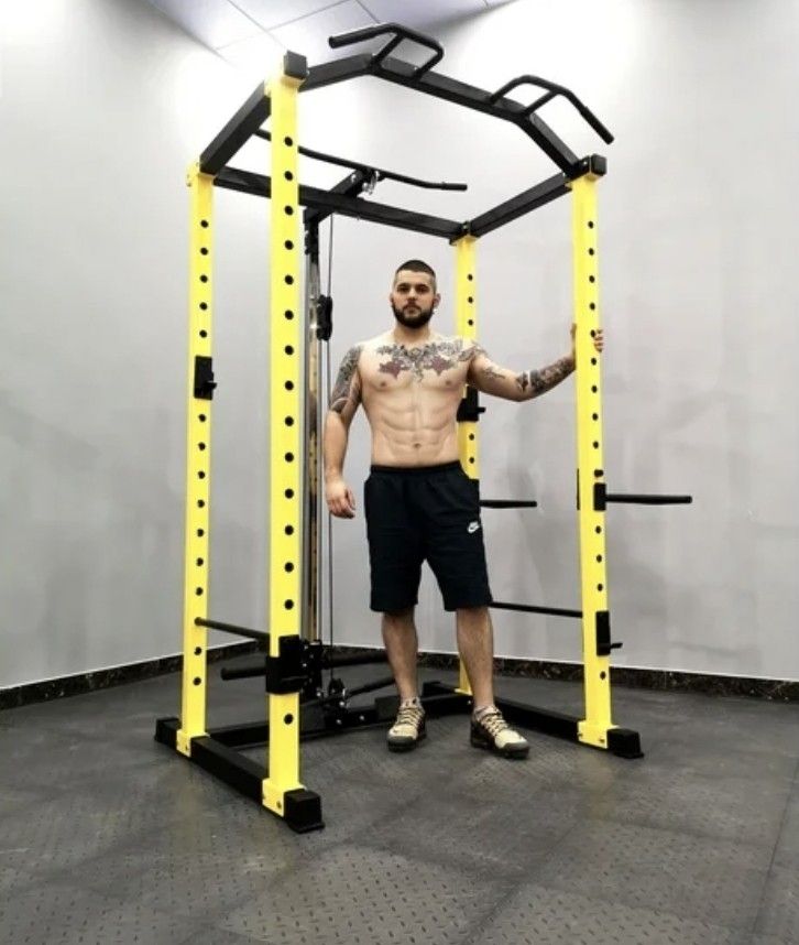 ToughFit Power Cage 1000lbs Squat Rack with Weights and Bar Set Black&Yellow