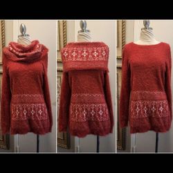 Lauren Michelle Red Convertible Neckline Tunic Sweater, Holiday Pattern Sz M NWT