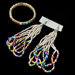 Colorful Boho Beaded Jewelry Set Long Beaded Dangle Earrings & Stretch Bracelet