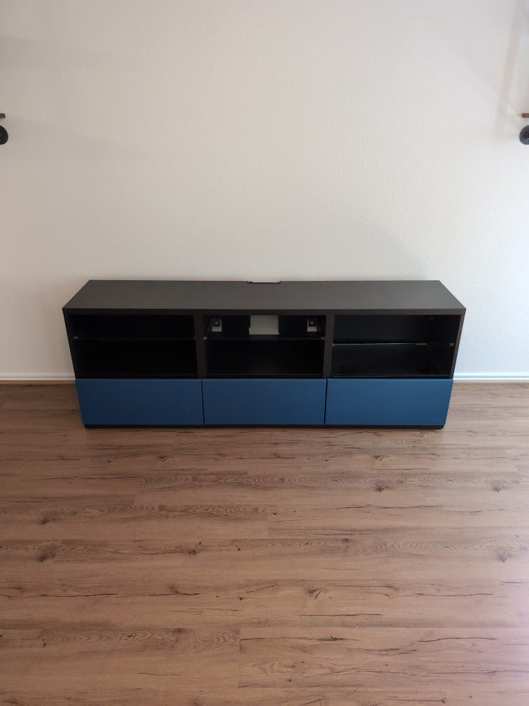 Media TV Stand 3 Soft Close Drawers Cord Control And 3 Glass Shelves