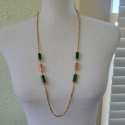 Vintage 1970s Sarah Coventry Faux Jade Lanterns Gold Plated Necklace Jewelry 32"