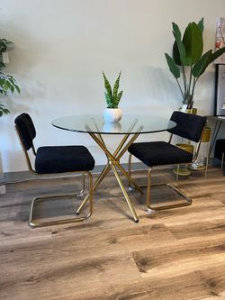 Elegant Round Dining Table Set with Corduroy Chairs
