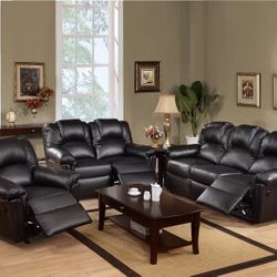 Black Faux Leather Sofa Set With Recliner 