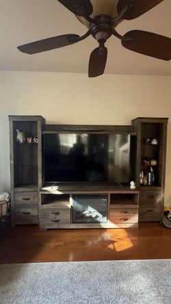 Rustic Wood Entertainment Center with Electric Fireplace. TV AND DECOR NOT INCLUDED.