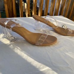 Clear Block Heel Strappy Sandals, Size 9.5 Womens