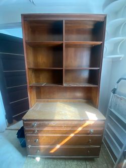 Vintage Solid Wood Secretary Desk / Bookcase Hutch with 4 Drawers