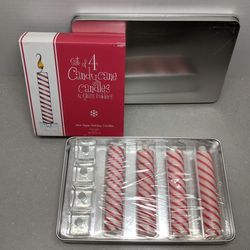 HOLIDAY CANDLE SET new set of four candy cane candles, with holders, in tin