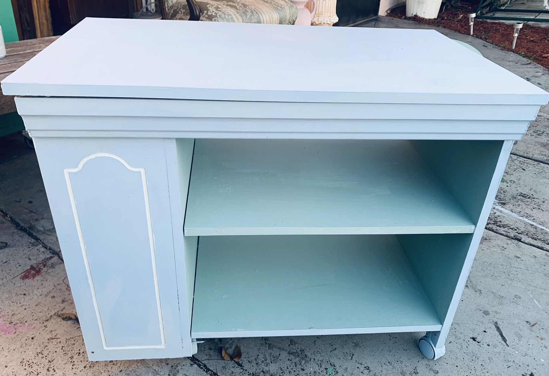 Sky Blue Stand Table With Glass Cabinet Shelves & Wheels