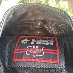 Black First Apparel Leather Bikers Coat. Size: Small 