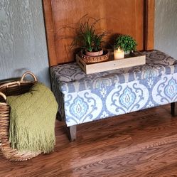 Large Decorative Storage Bench Ottoman In Suri Gray & Blue 36" X  18" X 16"