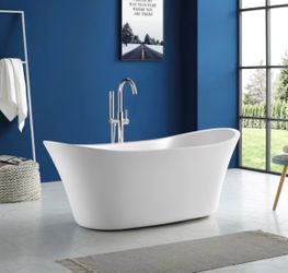 Allen + Roth Canberra 29 in x 60 in Gloss White Acrylic Oval Freestanding Soaking Bathtub with Drain New Scratch and Dent