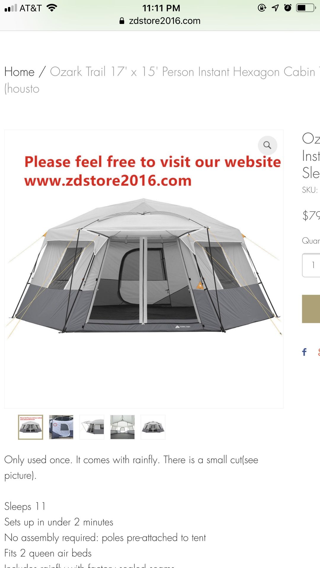 Ozark Trail 17' x 15' Person Instant Hexagon Cabin Tent, Sleeps 11 - $79