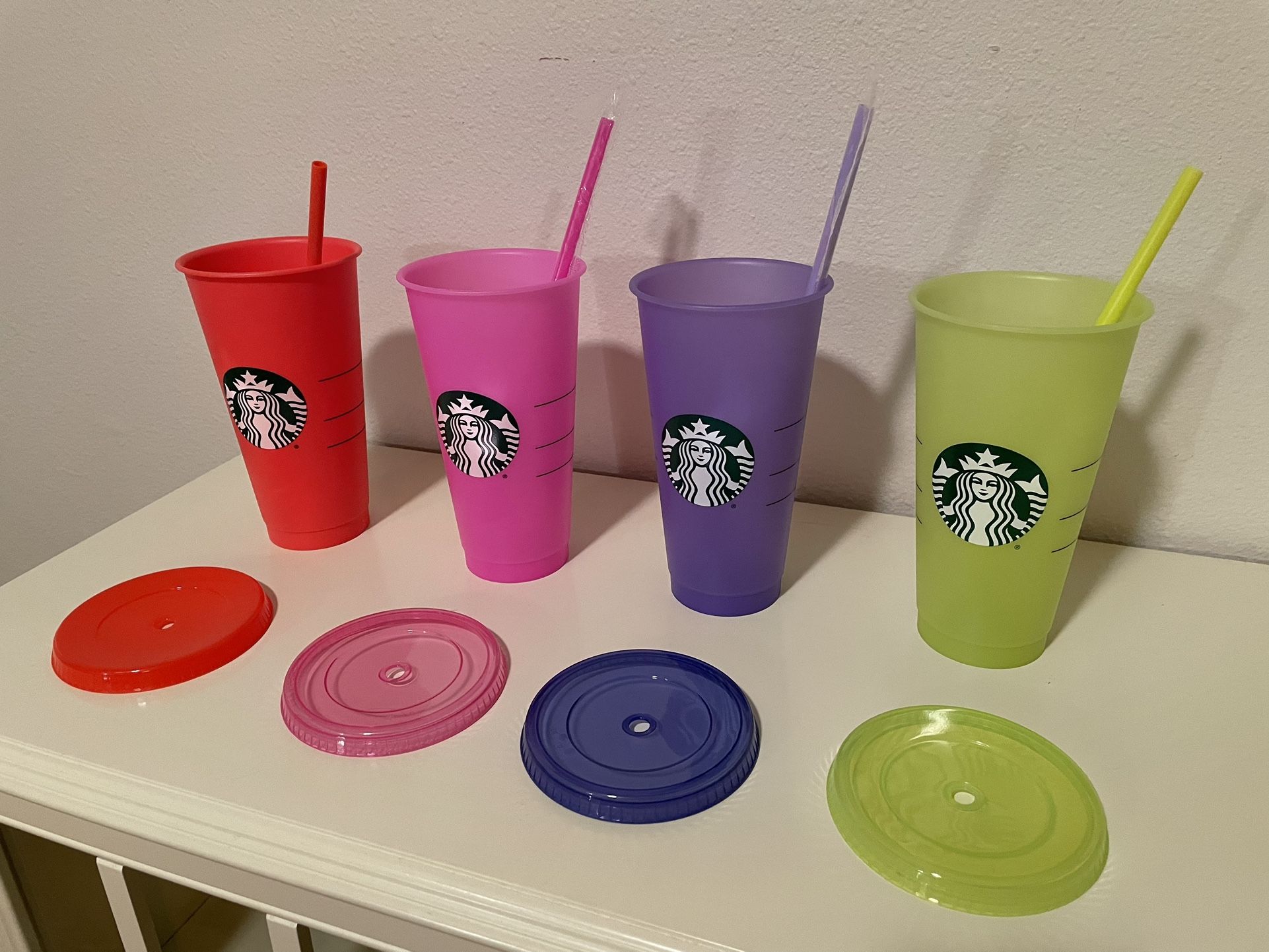 Starbucks 2 Pack Reusable Venti Frosted Cold Cup with Lid and Green Straw w/stopper, 24 fl.oz.