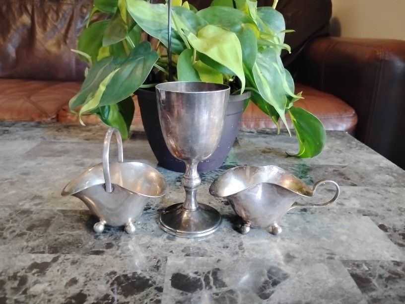 Sterling Silver Cream & Sugar Bowls + Antique Communion Cup