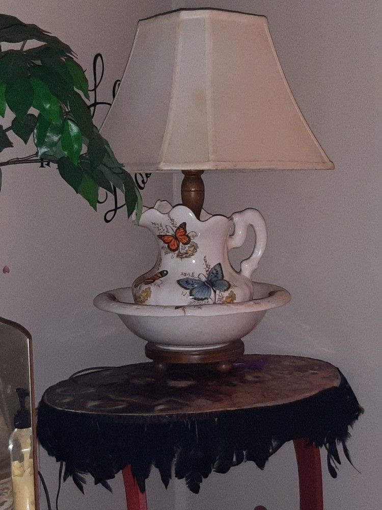 Old Butterfly Water Jug And Bowl Shabby Chic Lamp