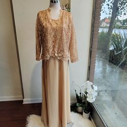 Women's Gold two piece lace sequined cardigan with chiffon party long dress/Available in XL, 2XL, 3XL and 4XL