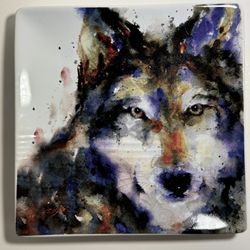 Dean Crouser Wolf Dog Plate Decor • 2014 •Big Sky Carvers • Square 7” Watercolor