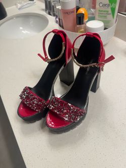 Mangyuxie red sequin chunky platform heels