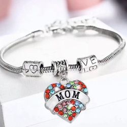 Mom Silver And Crystal Charm Bracelet 