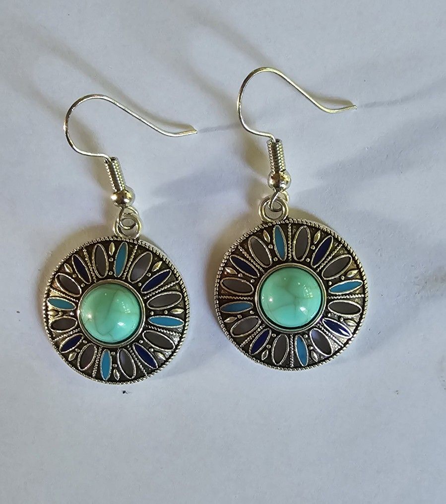 TREND SETTING TURQUOISE BOHO TURQUOISE 925SILVER DISC EARRINGS