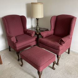 Two Chairs, Ottoman, Table and Lamp Set