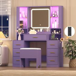 New Purple Makeup Vanity Desk with Mirror & Lights, Modern Vanity Table with Charging Station, 7 Drawers, Glass Cabinet, Shelves & Cushioned Stool, Be