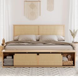 GarveeHome Natural Rattan Full Size Bed Frame with Sliding Barn Door Storage Cabinets and LED Light Headboard, Boho Farmhouse Wood Platform Bed with S