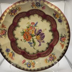 Vintage Daher Metal 10.5” Round Floral Shallow Serving Bowl 2" Deep England