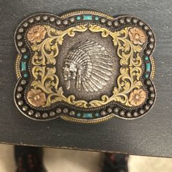 Nocona Men's Indian Chief Skull Floral Scroll Antique Silver Western Belt Buckle 37038