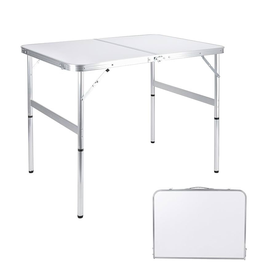 Folding Camping Table 3 Ft Portable Picnic Table Foldable 2 Height Adjustable Aluminum Camp Table Outdoor for Card BBQ White 35.5×23.6×26 inch