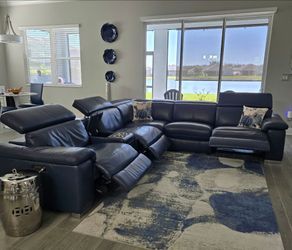 Navy Blue Leather Sectional Sofa with Console