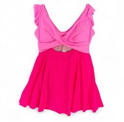 Women's Plus Size 2XL Pink Two-Tone Ruffle Sleeve Swim Dress Bathing Suit