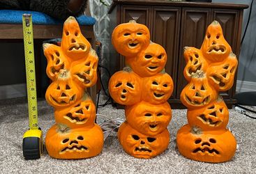 3 Gemmy Light Up Stacked Pumpkin Foam Blow Mold 15" Vintage