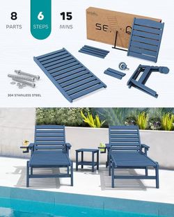 SERWALL HDPE Outdoor Lounge Chair Set of 2 with Cup Holder, Blue with 5 Position Adjustable Backrest & Rolling Wheels(in box)