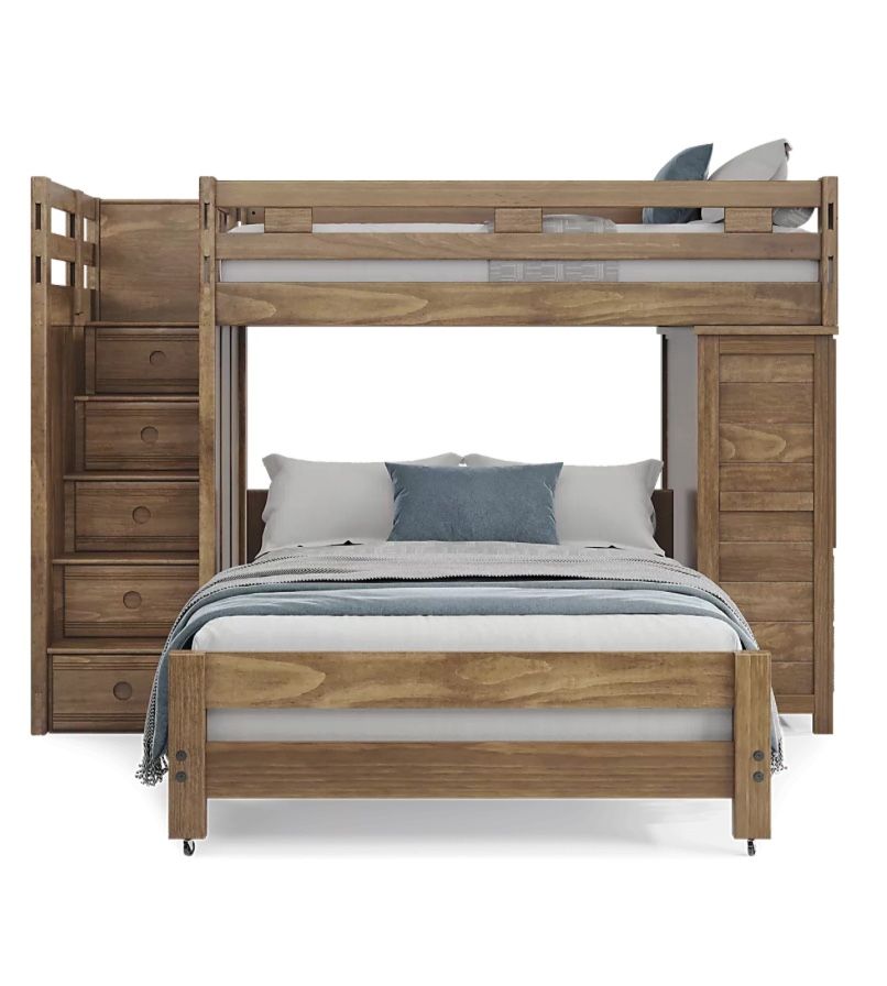 (negotiable Price)Wood Bunk Bed With Queen Size Bed Frame In Great Condition And Comes With Desk And Drawers For People All Ages.