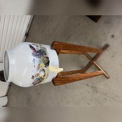 Ceramic Water Crock Dispenser, Tropical Fish, with Oak Floor Stand