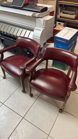 Set of 2 - Vintage Burgundy Leather Executive Office Chair – Wood Frame & Brass Nailhead Trim