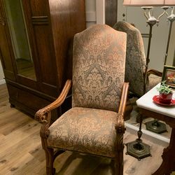 Great olive green & gold tone upholstered & carved wood arm chair